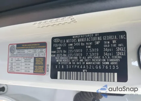 2020 Kia Sorento 3.3L Sx из США, поврежденный, VIN 5XYPK4A52LG676135